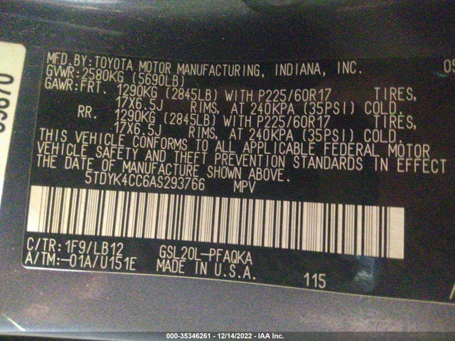 2010 TOYOTA SIENNA XLE VIN: 5TDYK4CC6AS293766