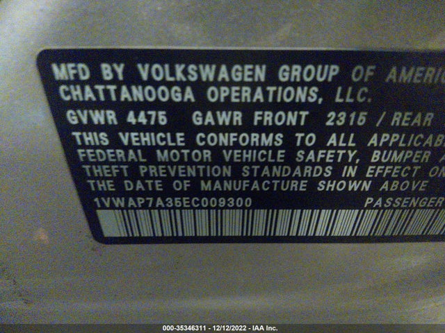 2014 VOLKSWAGEN PASSAT S VIN: 1VWAP7A35EC009300