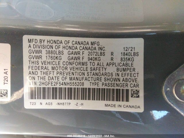 2022 HONDA CIVIC SEDAN SPORT VIN: 2HGFE2F54NH555208