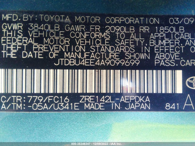 2010 TOYOTA COROLLA VIN: JTDBU4EE4A9099699