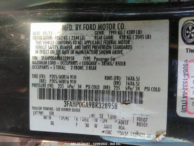 2011 FORD FUSION S VIN: 3FAHP0GA9BR328958