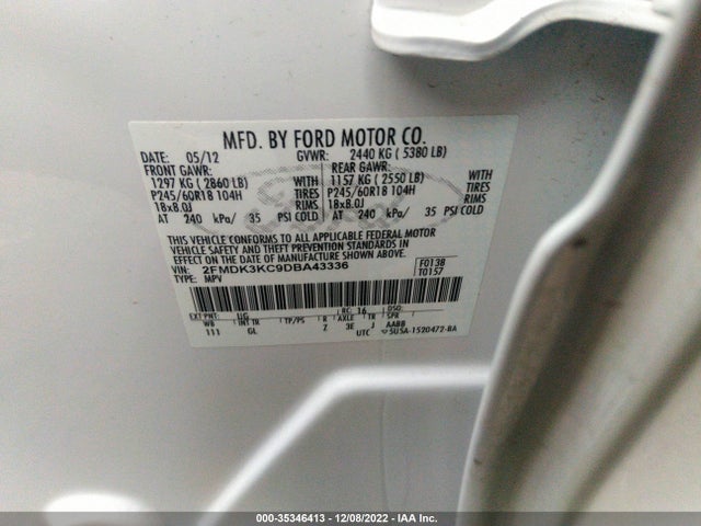 2013 FORD EDGE LIMITED VIN: 2FMDK3KC9DBA43336