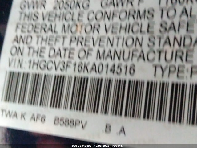 2019 Honda Accord, VIN: 1HGCV3F16KA014516