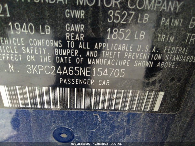 2022 Hyundai Accent, VIN: 3KPC24A65NE154705