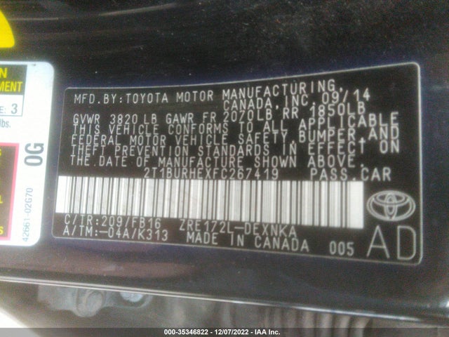 2015 TOYOTA COROLLA L/LE/S/S PLUS/LE PLUS VIN: 2T1BURHEXFC267419