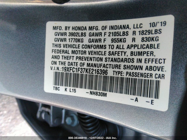 2019 HONDA CIVIC SEDAN EX VIN: 19XFC1F37KE216396