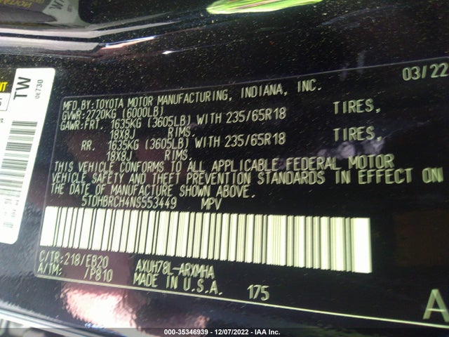 2022 Toyota Highlander, VIN: 5TDHBRCH4NS553449