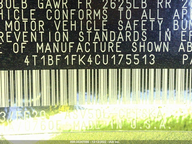 2012 TOYOTA CAMRY L/LE/SE/XLE VIN: 4T1BF1FK4CU175513