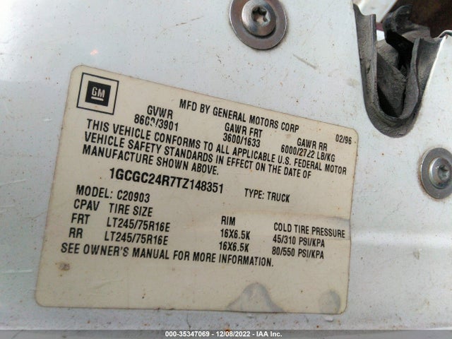 1996 CHEVROLET GMT-400 C2500 VIN: 1GCGC24R7TZ148351
