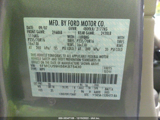 2008 FORD ESCAPE HYBRID VIN: 1FMCU59H58KB75430