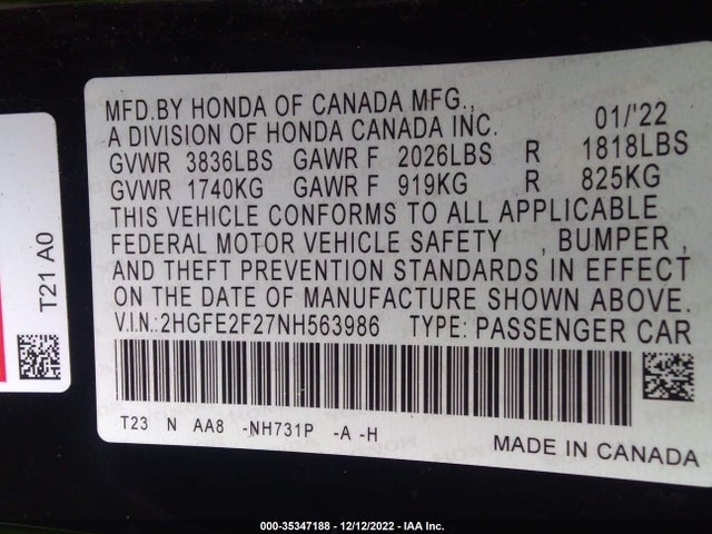 2022 HONDA CIVIC SEDAN LX VIN: 2HGFE2F27NH563986