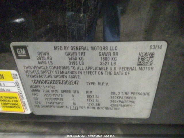 Chevrolet Traverse Lt 2014 1GNKVGKD5EJ309247 Image 11
