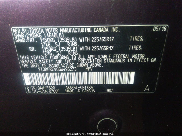 2016 Toyota RAV4, VIN: 2T3BFREV0GW495273