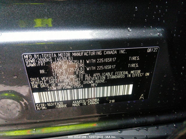 2022 Toyota RAV4, VIN: 2T3W1RFV0NW217954