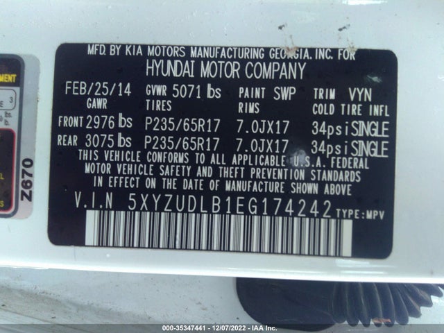 2014 HYUNDAI SANTA FE SPORT VIN: 5XYZUDLB1EG174242