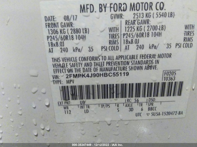 Ford EDGE SEL 2017 2FMPK4J90HBC55119 Image 11