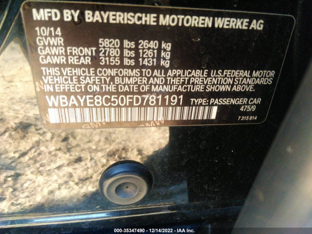2015 BMW 7 Series, VIN: WBAYE8C50FD781191