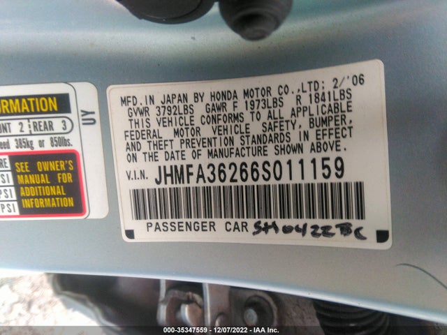 2006 HONDA CIVIC HYBRID VIN: JHMFA36266S011159