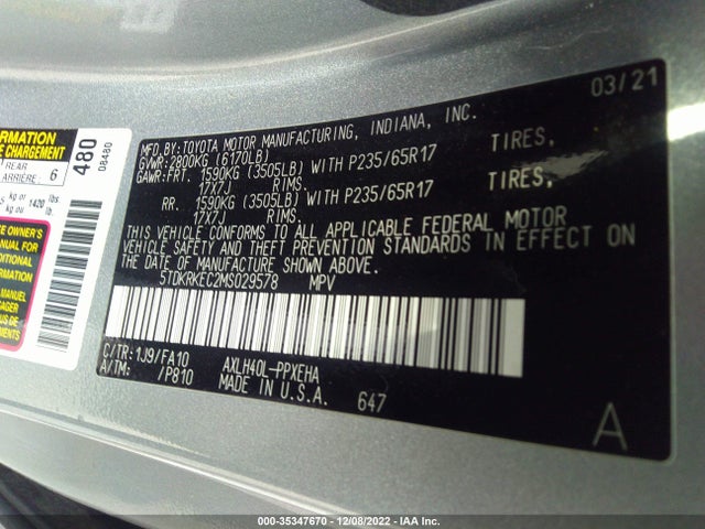 2021 Toyota Sienna, VIN: 5TDKRKEC2MS029578