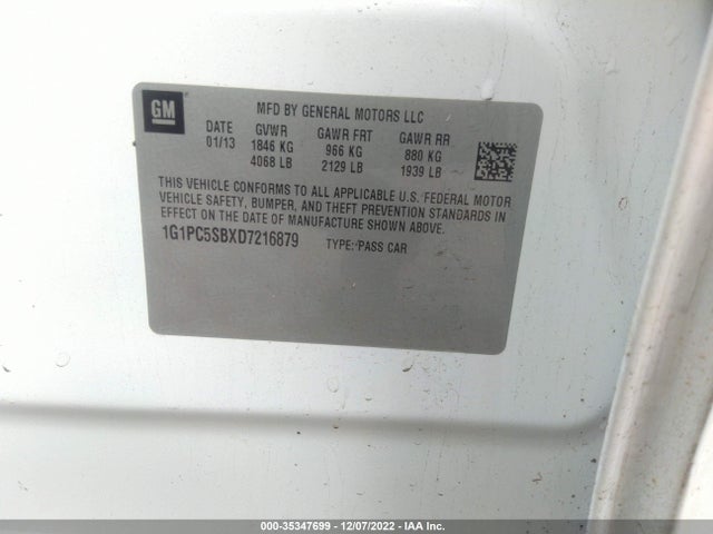 2013 CHEVROLET CRUZE 1LT VIN: 1G1PC5SBXD7216879