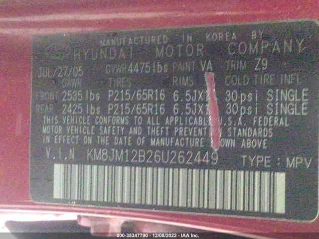 2006 HYUNDAI TUCSON GL VIN: KM8JM12B26U262449