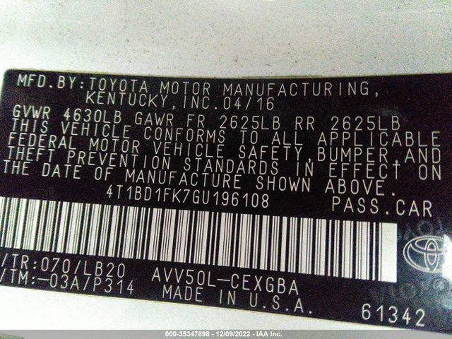 2016 Toyota Camry, VIN: 4T1BD1FK7GU196108
