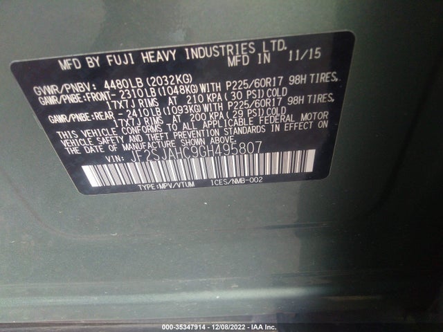 2016 Subaru Forester, VIN: JF2SJAHC9GH495807