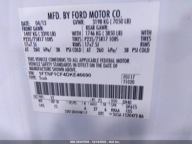 2013 FORD F-150 XL/XLT VIN: 1FTNF1CF4DKE46690
