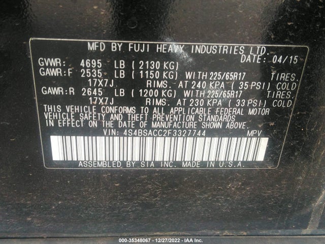 2015 Subaru Outback, VIN: 4S4BSACC2F3327744