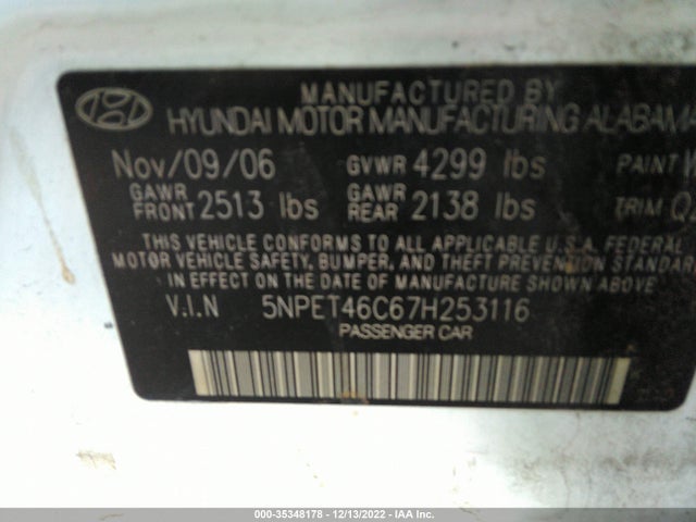 2007 HYUNDAI SONATA GLS VIN: 5NPET46C67H253116