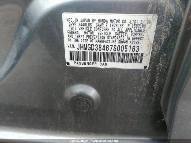 2007 HONDA FIT VIN: JHMGD38467S005163
