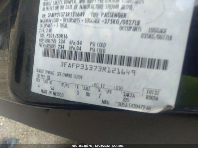 2003 FORD FOCUS ZX3 VIN: 3FAFP31373R121649