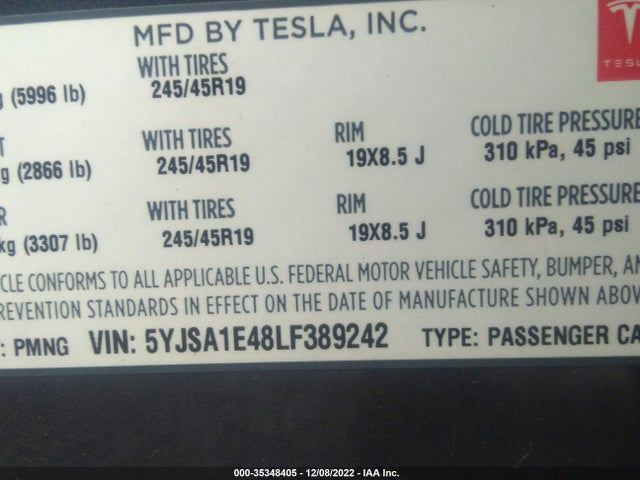 2020 Tesla Model S, VIN: 5YJSA1E48LF389242