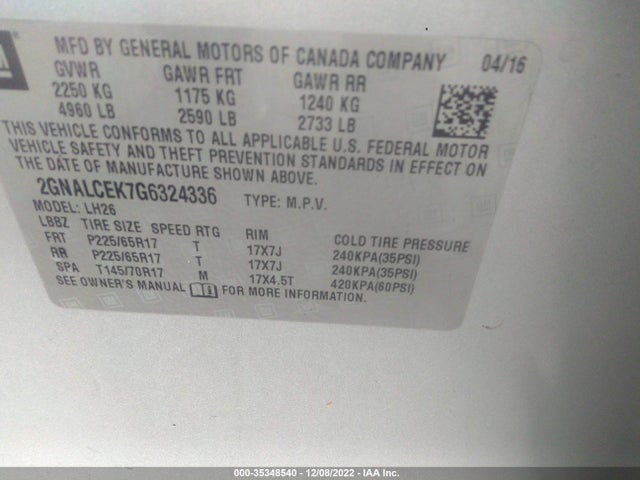 Chevrolet EQUINOX LT 2016 2GNALCEK7G6324336 Image 9