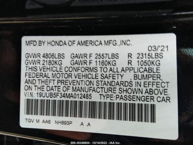 19UUB5F34MA012485 Acura TLX