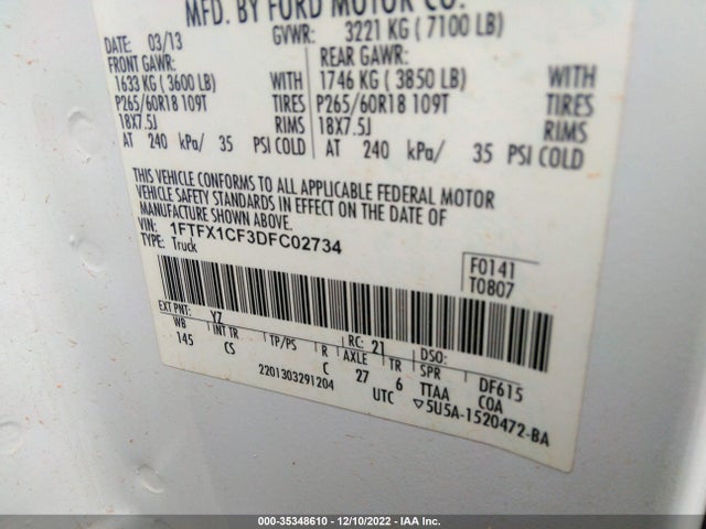 2013 FORD F-150 XL/STX/XLT/FX2/LARIAT VIN: 1FTFX1CF3DFC02734