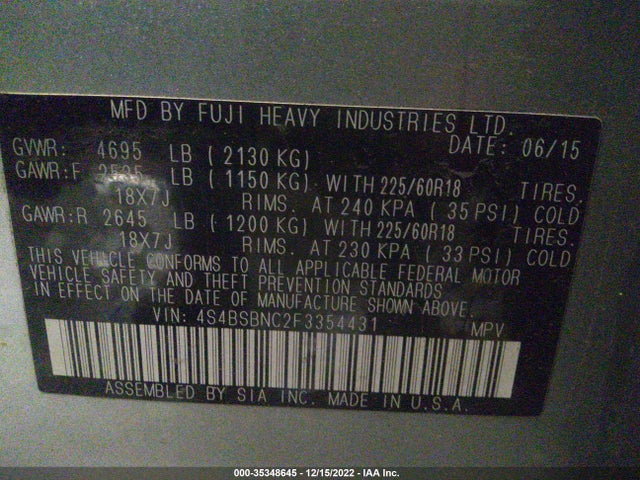 2015 Subaru Outback, VIN: 4S4BSBNC2F3354431
