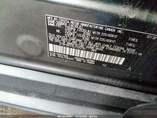 2020 TOYOTA RAV4 XLE VIN: 2T3P1RFV1LC120720