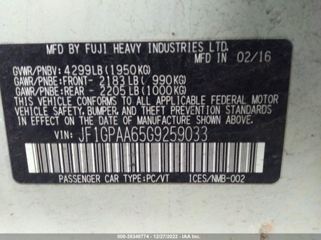 Subaru Impreza 2.0i 2016 JF1GPAA65G9259033 Image 9