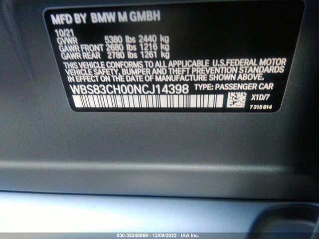 2022 BMW M5, VIN: WBS83CH00NCJ14398