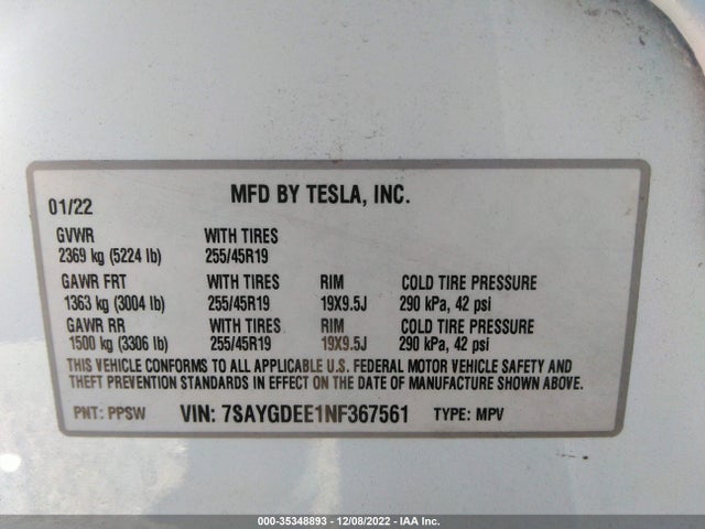 Tesla Model Y Long Range 2022 7SAYGDEE1NF367561 Image 9