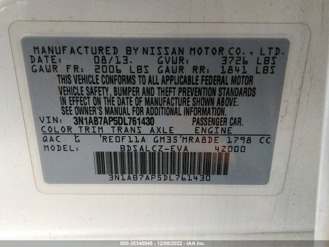2013 NISSAN SENTRA S VIN: 3N1AB7AP5DL761430