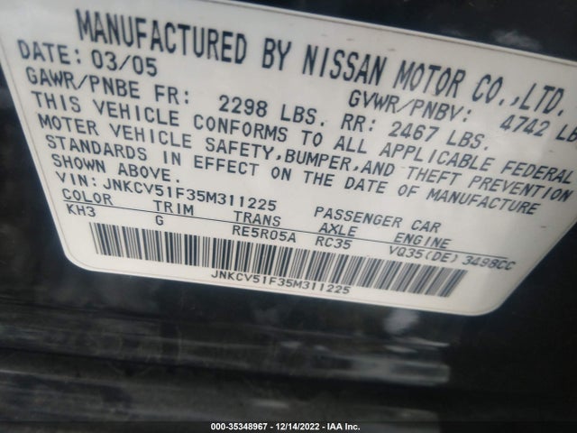 2005 INFINITI G35 SEDAN VIN: JNKCV51F35M311225