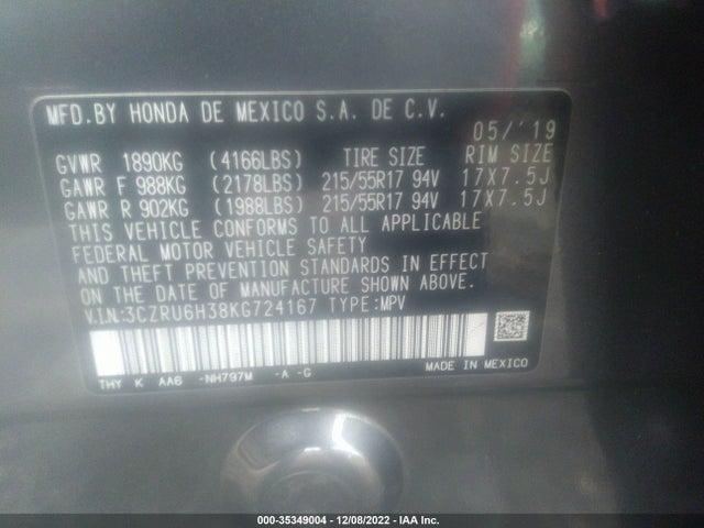 2019 HONDA HR-V LX VIN: 3CZRU6H38KG724167