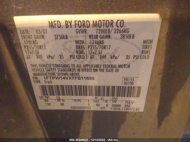 2007 FORD F-150 XLT/FX4/LARIAT/KING RANCH VIN: 1FTPW14VX7FB11686