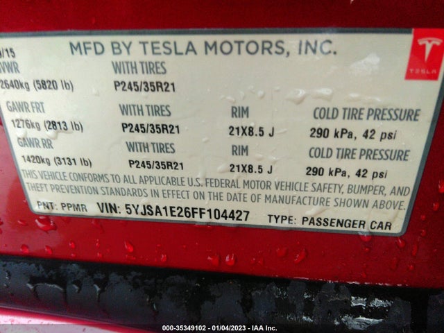 Tesla Model S 85d/70d/90d/p90d 2015 5YJSA1E26FF104427 Image 9