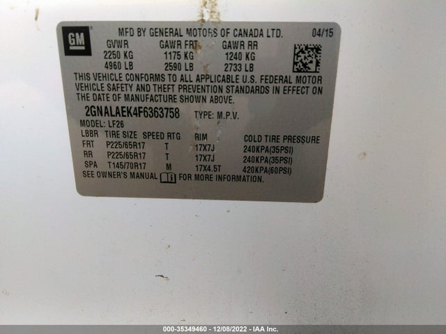 2015 Chevrolet Equinox, VIN: 2GNALAEK4F6363758