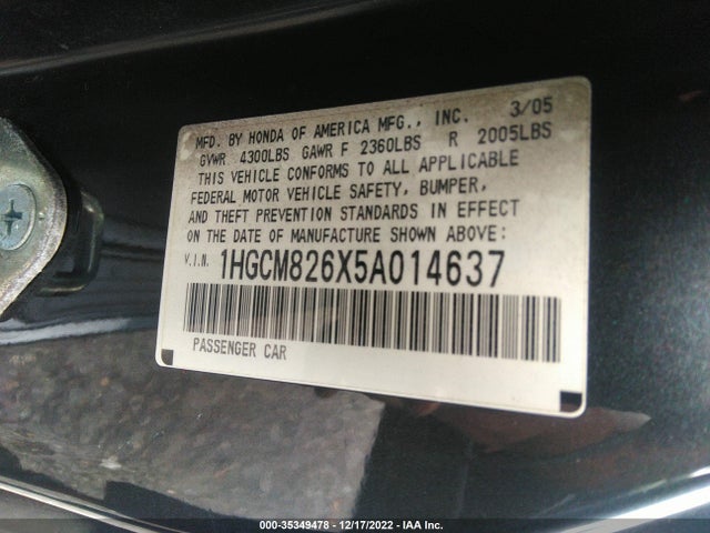 2005 HONDA ACCORD CPE EX-L V6 VIN: 1HGCM826X5A014637