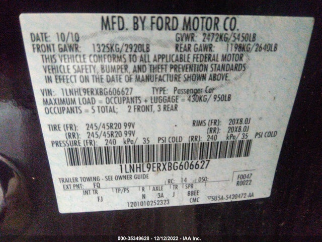 Lincoln MKS 2011 1LNHL9ERXBG606627 Image 10