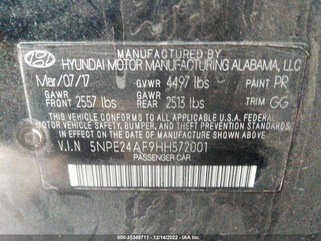 2017 HYUNDAI SONATA 2.4L VIN: 5NPE24AF9HH572001